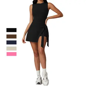 Women's Sports Tennis Skirt with Built-in Shorts and Bra Adjustable Straps High Neck Golf Workout Mini Dress in Solid Color High Stretch Nylon Fabric