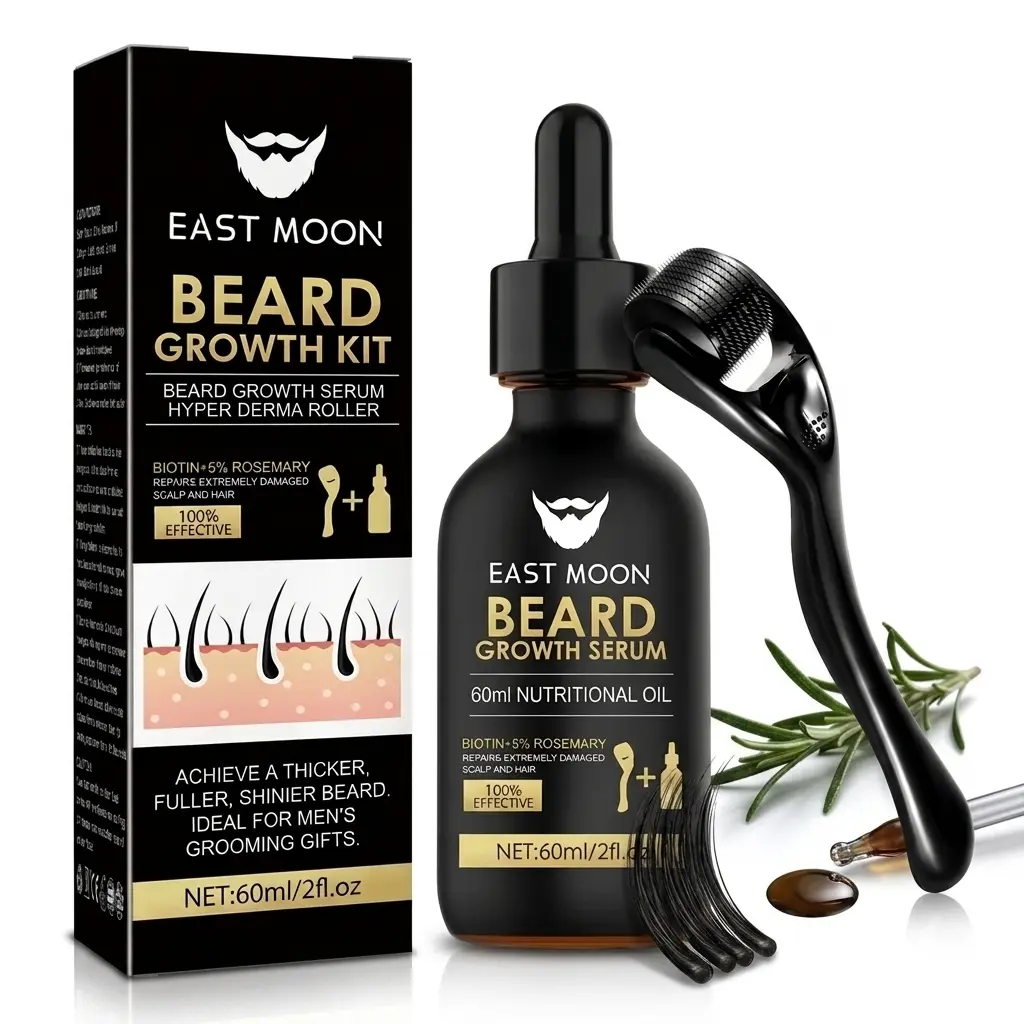 East Moon Beard Growth Kit for Men - 60ml Beard Growth Serum Oil & Derma Roller Set, Helps Grow Fuller Thicker Beards, Targets Patchy Beard Areas, Nourishes Facial Hair for a Healthier Look, Men's Grooming Essentials, Gift for Dad & Husband