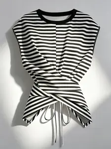 Women's Knitted Round Neck Drop Shoulder Sleeve T-Shirt, Irregular Pleated Cross Cutout Back Tie Top, Elegant Fashion Versatile Casual Wear