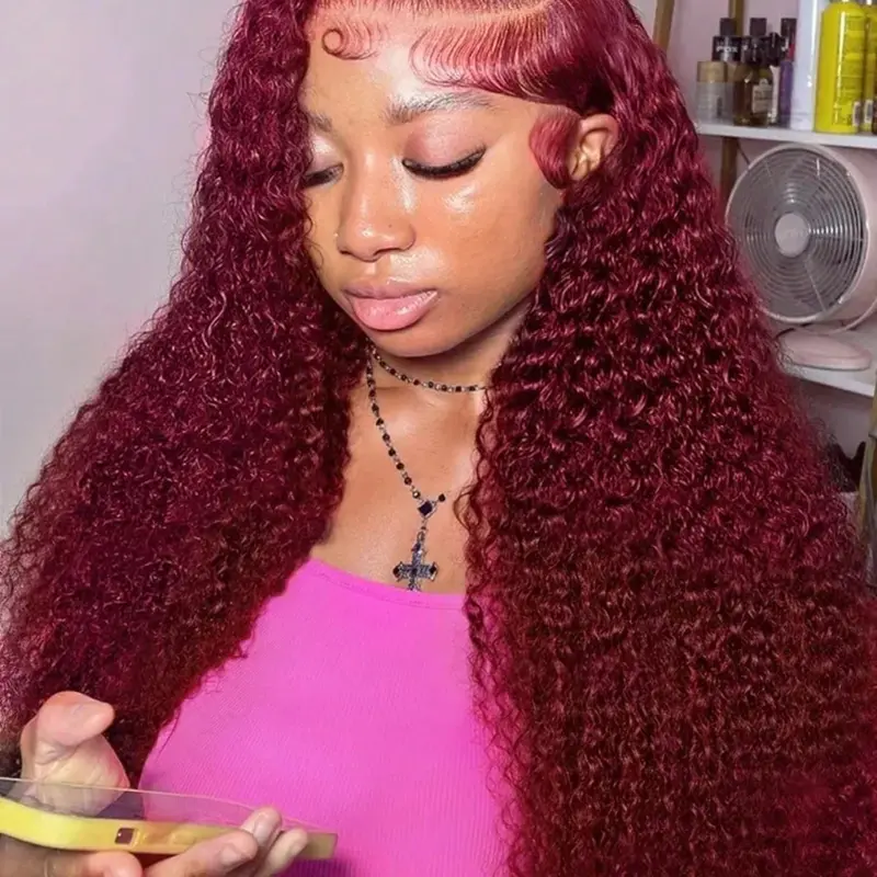 30 Inch 99j Burgundy Human Hair 13x6 Deep Wave Lace Front Wigs Human Hair Pre Plucked 13x4 HD Transparent Lace Frontal Wigs For Women Red Colored Curly Human Hair Wig Wet And Wavy Brazilian Virgin Human Hair Wigs