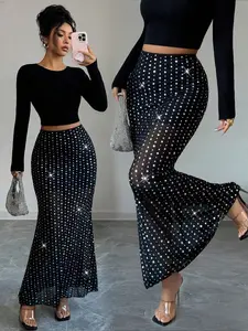 Sheer Mesh Sequined Skirt, Chic Elegant Slim Fit Design, Perfect for Night Out & Party Wear, All-Season Versatile Style, Womenswear