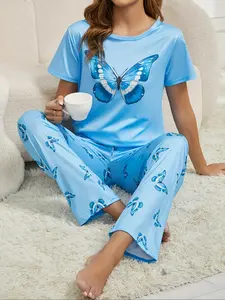 Blue Bow Print Short Sleeve Long Pants Set, Two-Piece Sleepwear Home Set, Butterfly Print, Comfortable Loungewear for Women, Pajama Set