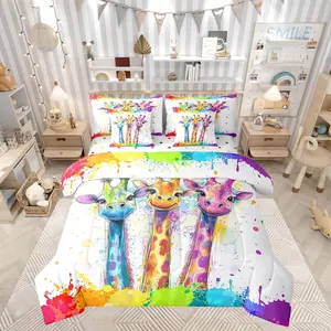Watercolor Giraffe Comforter Set with Sheets Bed in a Bag 7 Pcs,Rainbow Paint African Wildlife Bed Set,Animals Cartoon Bedding Set,with Comforter,Flat,Fitted Sheet,Pillowcases,Pillow Covers