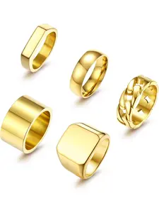 5 PCS 14K Gold Rings for Men Mens Gold Ring Mens Stainless Steel Rings Square Signet Rings Geometric Design Ring Pinky Thumb Ring Chunky Thick Band Cuban Link Chain Ring Cool Finger Ring Wedding Band Ring for Men（Size 7-15）