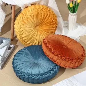 1 Pcs Round Throw Velvet Pillows Decorative Pleated Throw Pillows 15'' Diameter Accent Pumpkin Boho Chair Cushion for Couch Sofa Home Decoration (Brunt Orange)