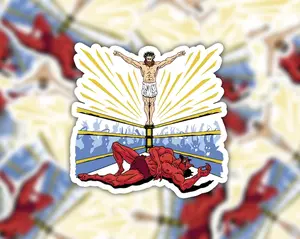 Jesus Wrestling Satan Sticker, Funny Offensive Sticker, Jesus Christ Wrestling The Devil, Cool Novelty Sticker, Meme Sticker, Weird Sticker, Great for hardhat, toolbox, cooler, Hard Hat Stickers, Blue Collars Stickers