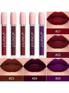 DUNUF 5Pcs Velvet Matte Lip Gloss Set High Pigment Dark Red & Plum Lipstick Long Lasting Non-Drying Makeup Glossy glittery lipgloss Long-Lasting Glaze diverse shade florence by mills🐳💜