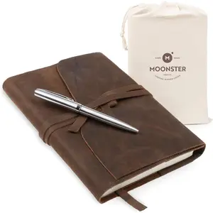 Leather Journal Refillable Notebook - Writing Journals for Men Women, Cover with Pen, Bound Lined Paper A5 Travel Diary, Dark Brown