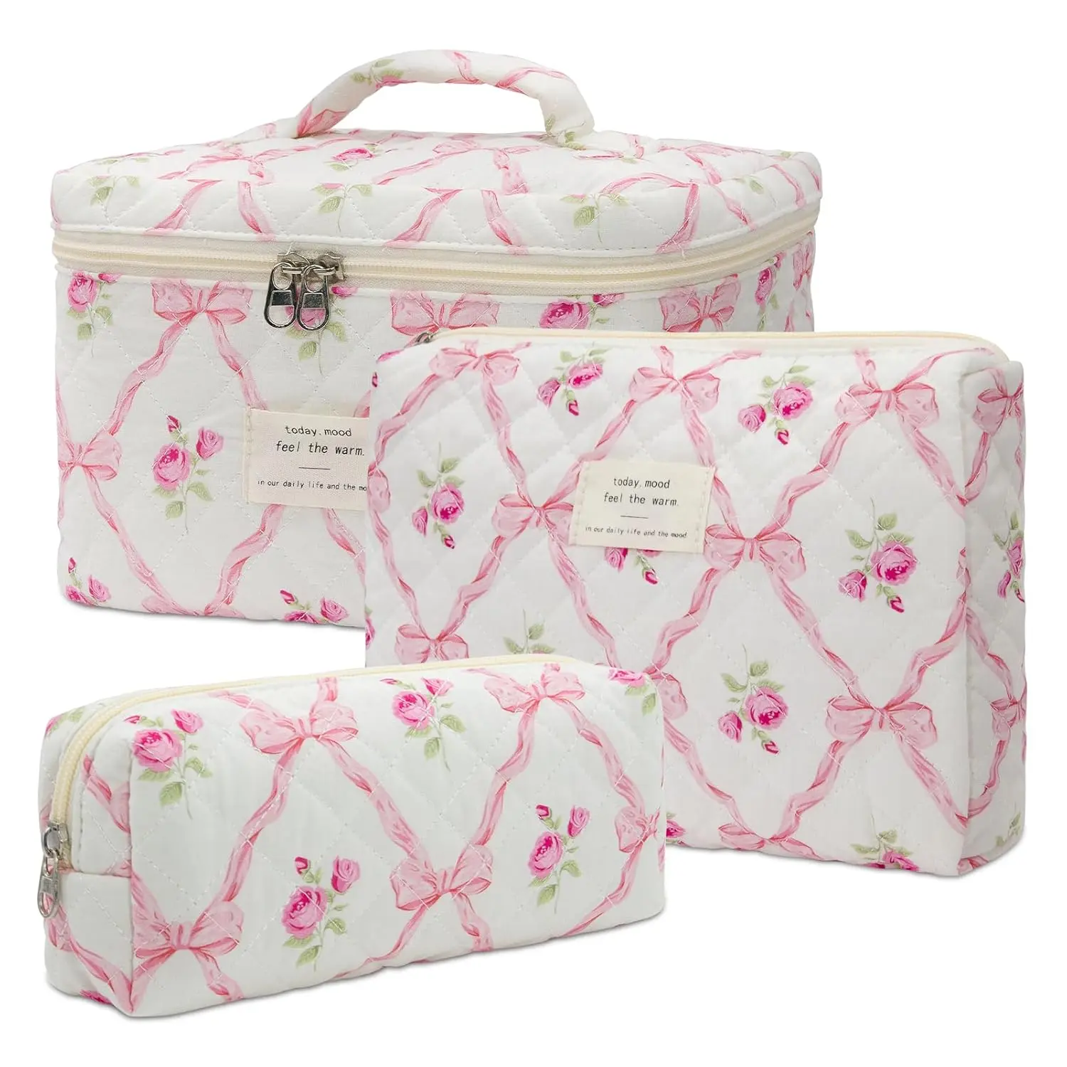 floral pattern Quilted Large Makeup Bag Set Padded Cotton Cosmetic Bag Set 3pcs  Makeup Bag multifunctional organizer