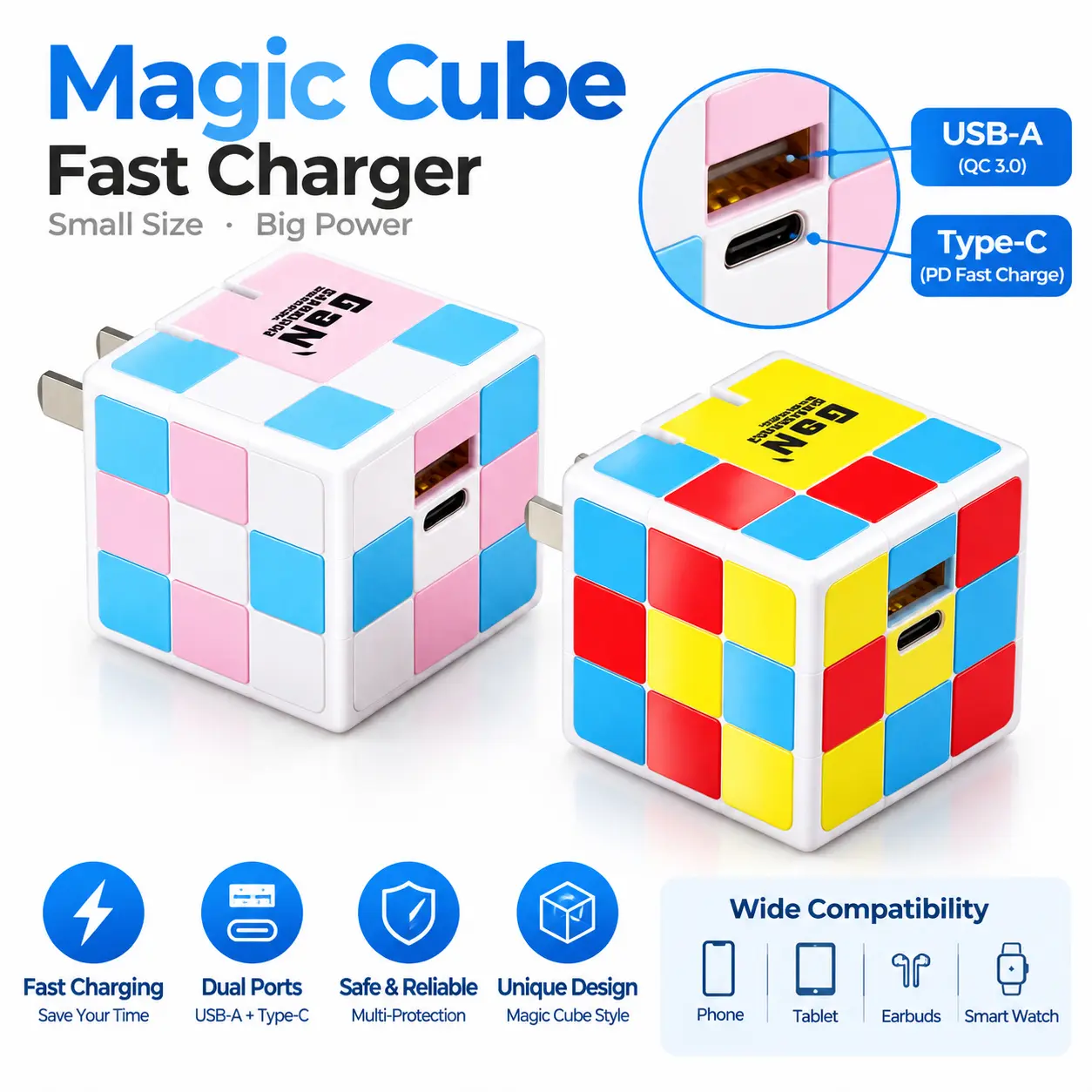 Rubik's Cube Dual Port Fast Charger Set, Cute Cube USB C Wall Charger with Building Block 4-in-1 Charging Cable, Portable Foldable Plug Phone Adapter for iPhone Android Cellphone Smartphone Electronic