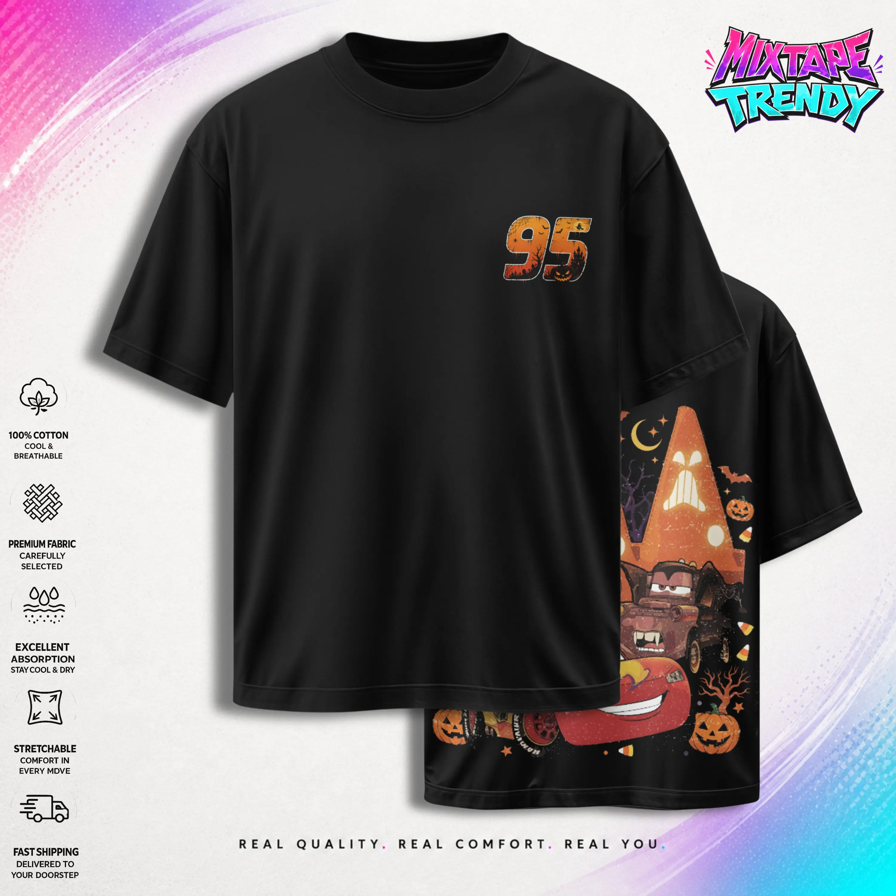 Retro Double-Sided Cars Movie Graphic T-Shirt - McQueen and Mater Halloween Vintage Top Trendy Y2K Classic Unisex Streetwear Racing Style Gift for Fans