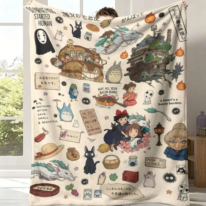 Studio Ghibli Full Movie Character Collage Throw Blanket, Cream Off-White Background Totoro Spirited Away Kiki’s Delivery Service Hand Drawn Doodle Flannel Blanket, Soft Fleece Blanket, Perfect Kawaii Anime Cottage Bedroom Decor Ghibli Fan All-Season Gift
