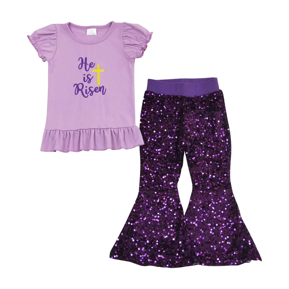 Girls Easter Gift Set | 'He is Risen' Cotton Top and Purple Shimmery Sequin Bell Bottom Pants | Little Princess Outfit, Shimmery Sequin Details, Girls Outfits