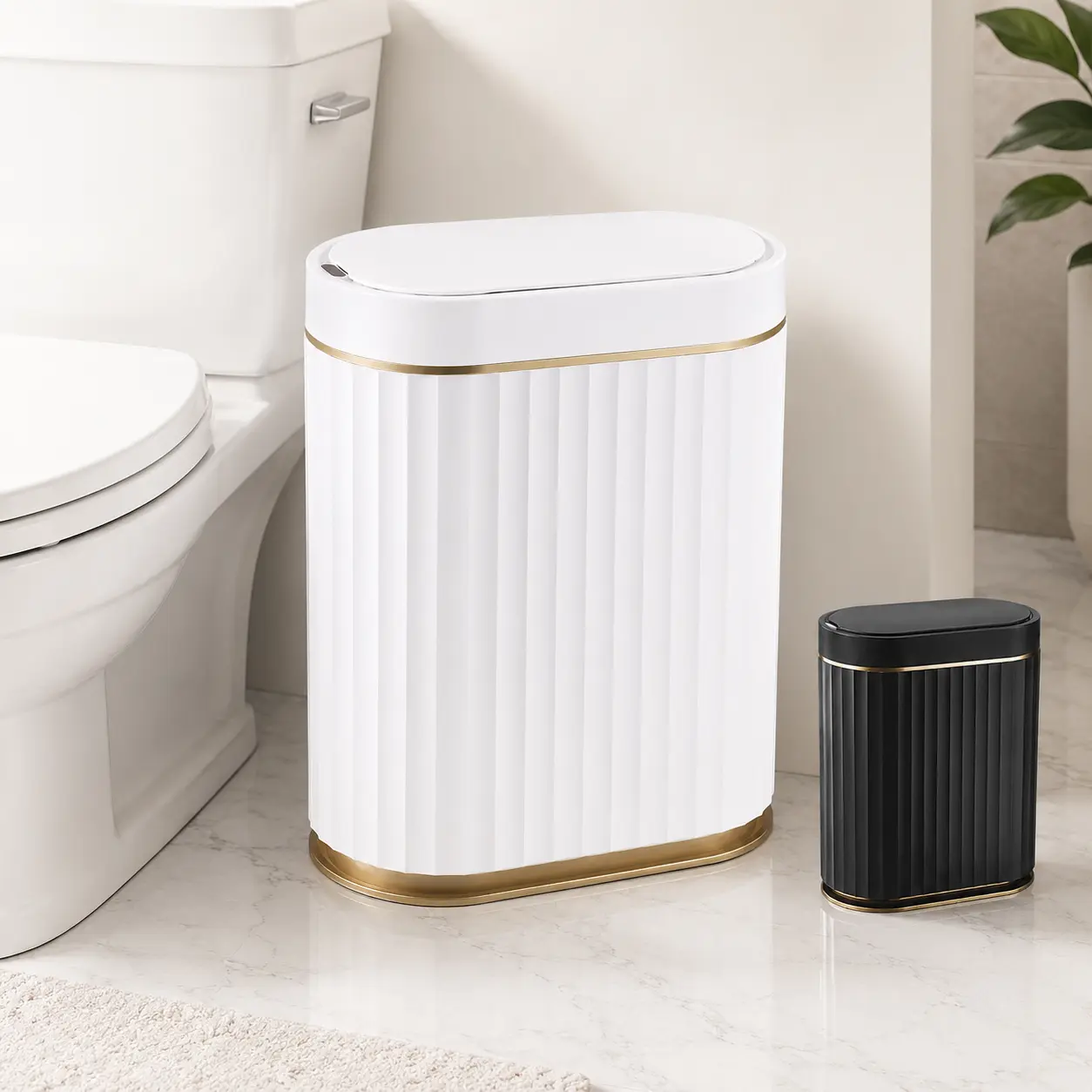Slimline Automatic Motion Sensor Trash Can for Bathroom Kitchen Office White Gold Trim Compact Functional Hands-Free Operation Home Office Accessory, Automatic Trash Bins, Touchless Sensor Trash