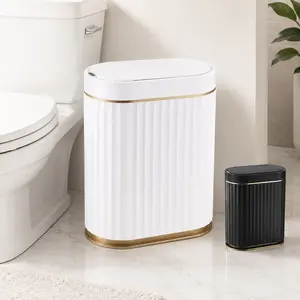 Slimline Automatic Motion Sensor Trash Can for Bathroom Kitchen Office White Gold Trim Compact Functional Hands-Free Operation Home Office Accessory