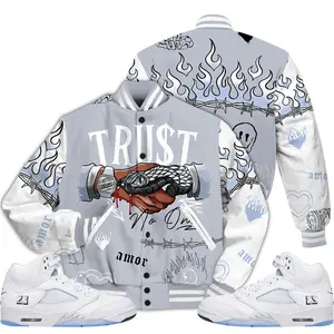Retro White Metallic 5s Outfits Varsity Jacket, Trust No One Graphic Sneaker Color Match Shirt