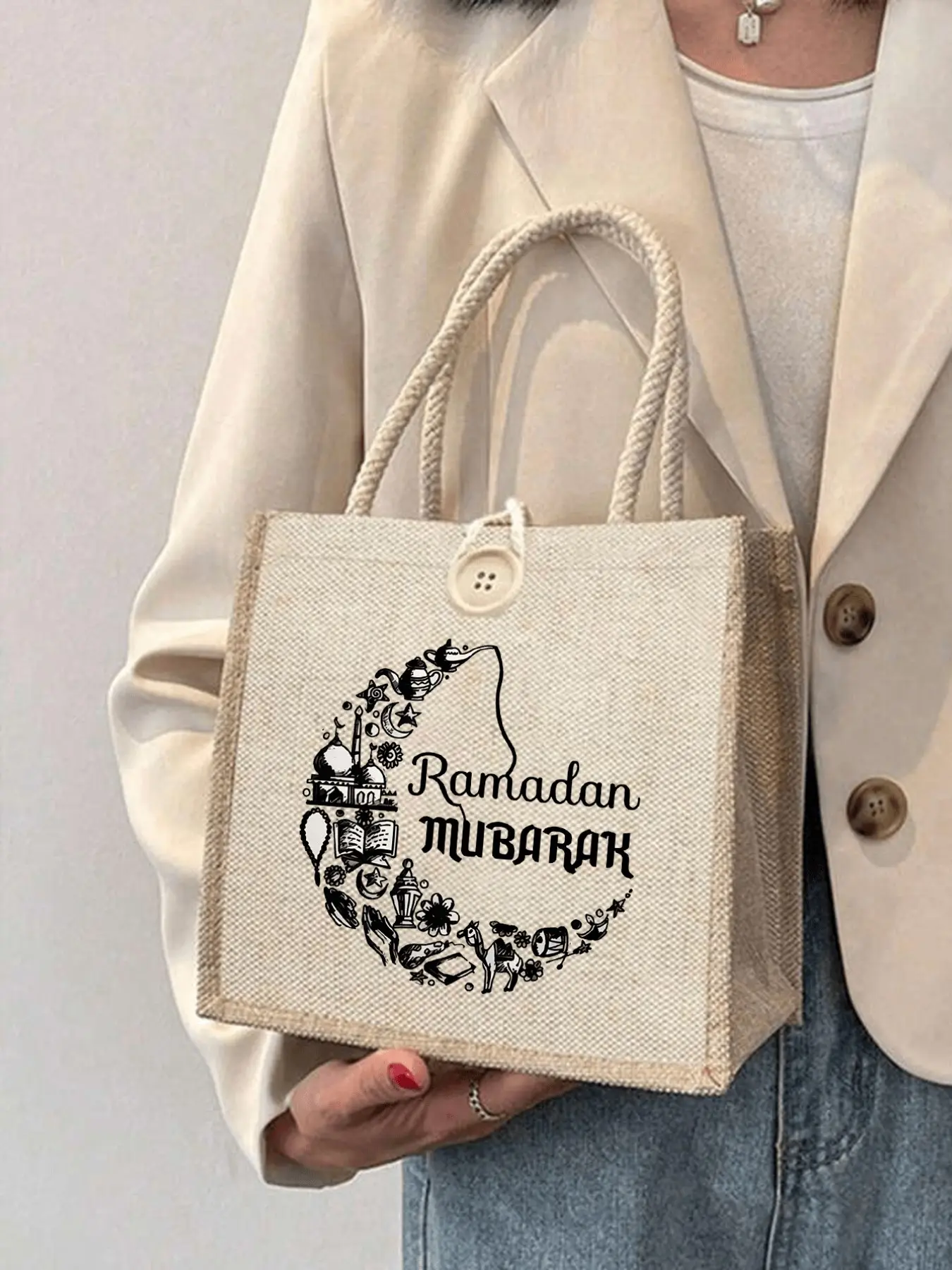 Ramadan Canvas Bag 'wish You Ramadan Mubarak' Handbag, Fashionable Linen Makeup Bag with Spanish Phrase, Floral Pattern, Perfect Gift, Fashionable Bohemian Bag
