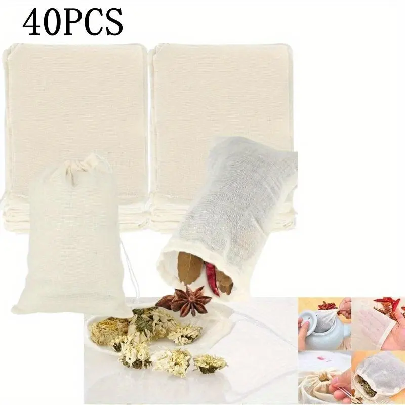 40 Pieces Reusable Tea Bags, Natural Unbleached Cotton Cheesecloth Bags for Straining, Drawstring Muslin Bags, Sachet Bags, Coffee Tea Brew Bags (5.91 X 3.93 Inch)