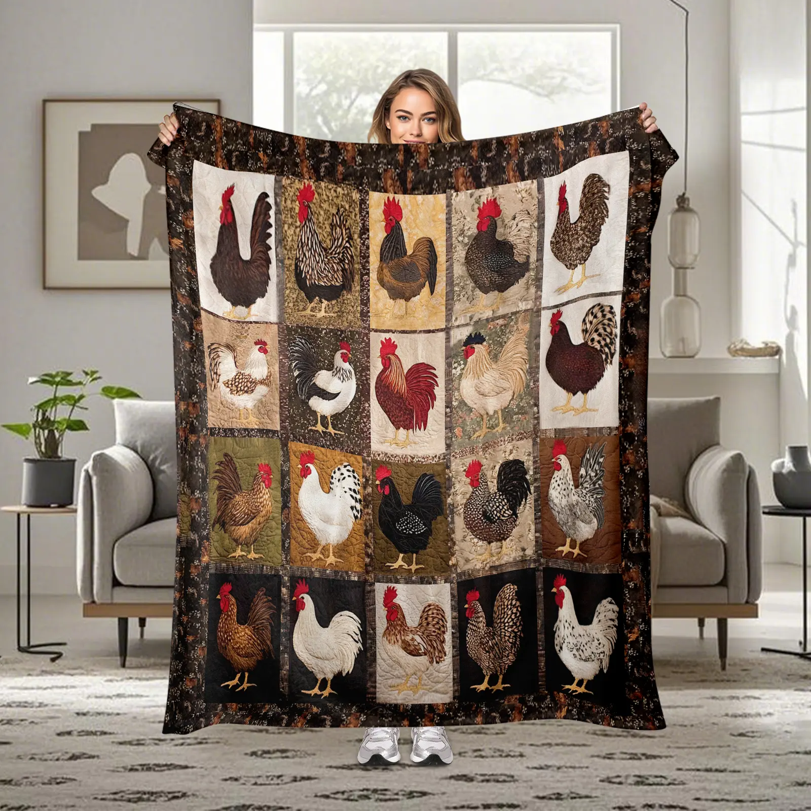 1pc 280g Polyester Soft Body-Warming Flannel Throw Blanket - Vintage Rooster & Hen Print, Farmhouse Bird Motif, Animal Characters Design, Rustic Aesthetic Decor, Machine Washable for Sofa Bed Use, Animal Characters Blankets, Bird Motif Blankets