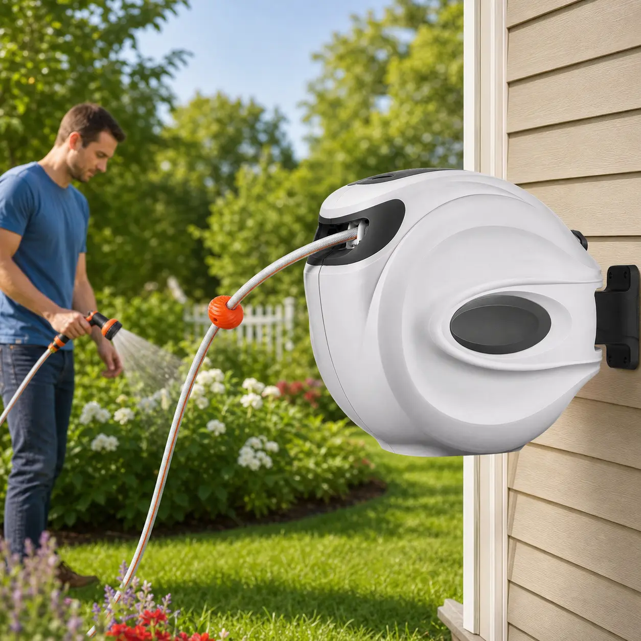 Automatic Retractable Garden Hose Reel - 65ft 5/8" Model with Auto Rewind System, Flexible Heavy Duty Hose, Connector for Outdoor Garden Watering Tasks, Flexible Garden Hose