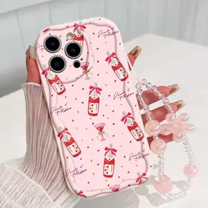 Wine Bottle Lanyard Pattern Tpu Wave Edge Anti-Drop Phone Case for Apple iPhone 17 Pro Max/16/16 Pro Max/11/13/14/15, Girl's Gift
