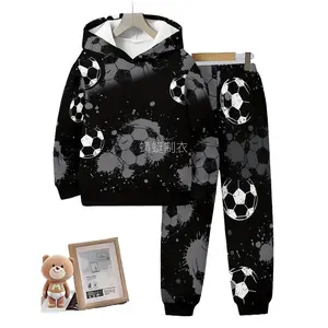 Boys' 2-Piece 3D Printed Design Soccer Hoodie & Joggers Set - Black with White, Gray Details, Long-Sleeve Pullover, Polyester Casual Sportswear for Spring, Fall Outdoor Use