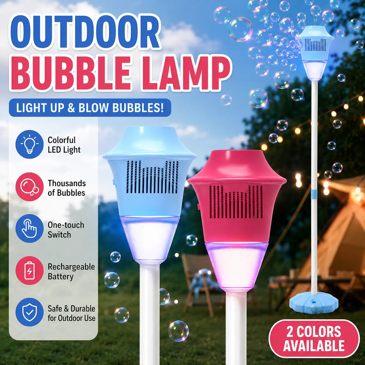 Bubble machine stand,21-47 inch adjustable height,magic bubble torch garden light with lights and music, rechargeable, standing bubble machine,suitable for outdoor occasions such as weddings,birthdays,Christmas,etc.(red and blue version)
