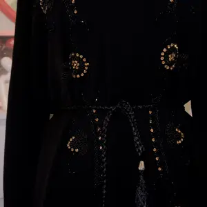 Midnight Embroided Abaya with Gold Accents and Tassels, Long Sleeves, Elegant Design