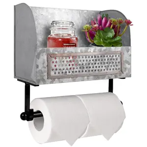 Galvanized Double Toilet Paper Roll Holder with Shelf Kitchen Organiser