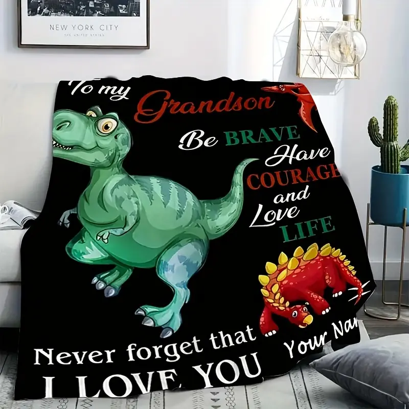 Personalized Dinosaur Blanket for Grandson - Custom Name Cartoon Dinosaur Character Graphic Bed Warmer Flannel Throw, Soft, Machine Washable All-Season for Couch, Bed, Dinosaur Blankets, Personalized Blankets