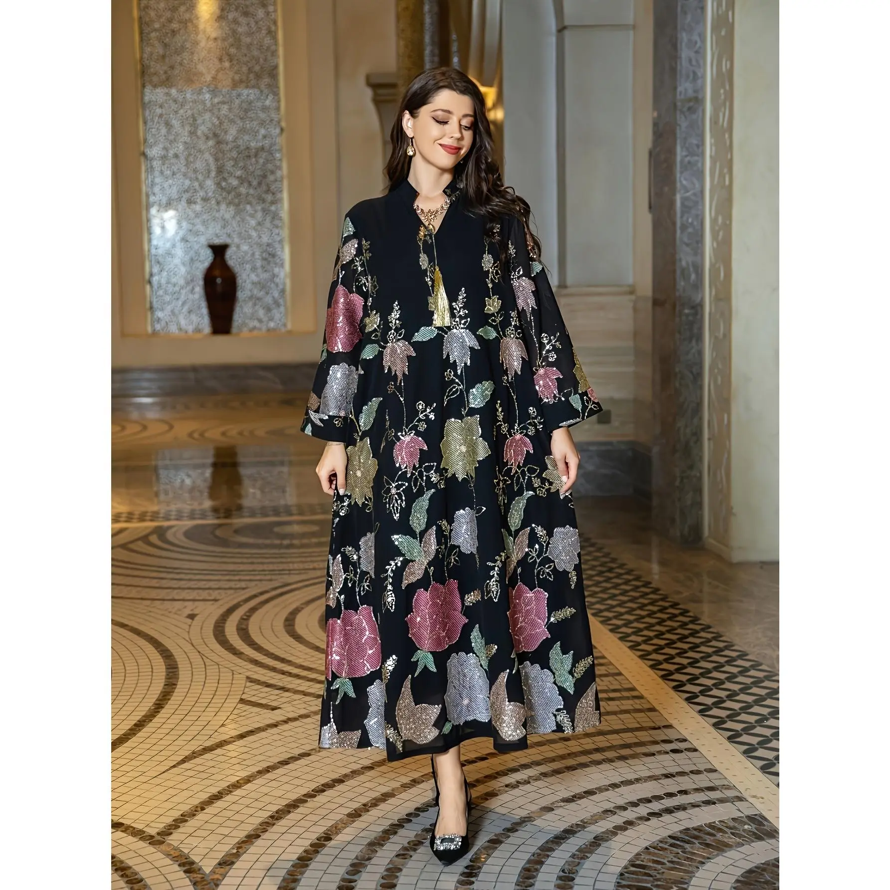 Women's Islamic Formal Abaya Gown - Chic Polyester V-Neck Long Sleeves, Black with Pink/Golden/Teal Floral Pattern, Non-Stretch Machine Washable for Wedding & Cultural Events, Elegant, Metallic, All Seasons, Detailed, Glamorous