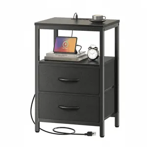 Space Efficient Small Bedroom Night Side Table, Built-in Charging Station and Two Large Fabric Drawers, Lightweight Bedside Storage Cabinet