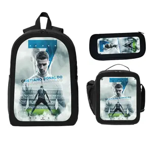 3PCS Cristiano Ronaldo Inspired Soccer Backpack Set for Kids & Teens, Football Player Graphic School Bag Set with Lunch Bag & Pencil Case, Lightweight Durable Sports Travel Backpack for Students & Fans