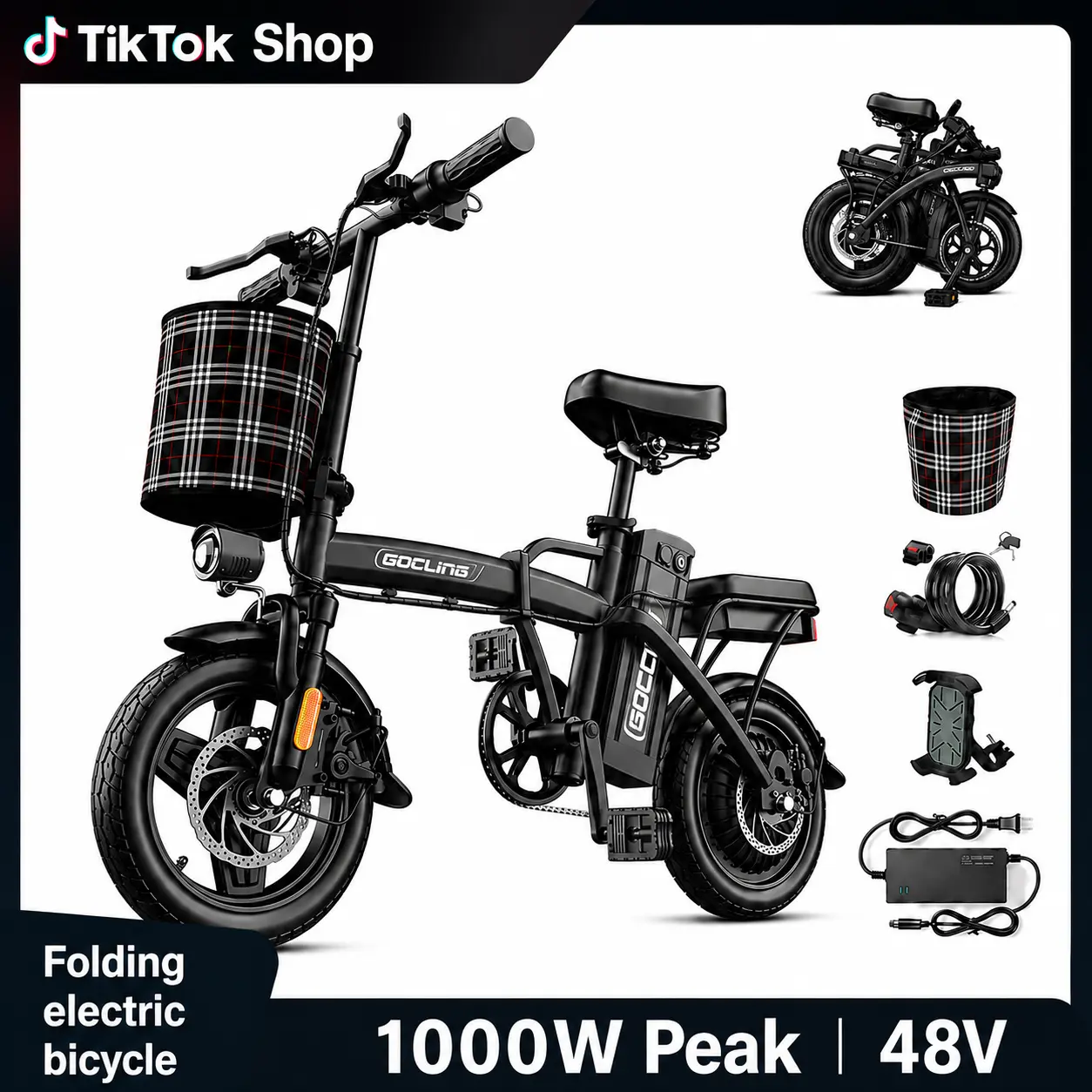 Portable Folding Ebike - 20MPH Max Speed, 25-35mi Range,48V Removable Battery, 1000W Peak Motor, Air Tires, Front-Rear Disc Brakes, LED Display, 2-Person Capacity, Outdoor Leisure Sports Electric Bicycle, Ebikes,camping essentials, Bikes, Commuting