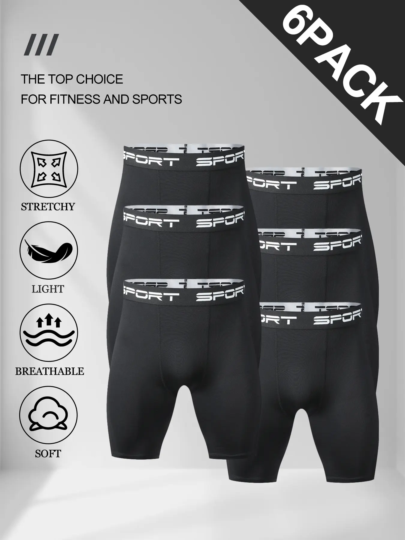 6 Pack Mens Lightweight Compression Shorts, Soft Breathable Stretchy Sport Base Layer Shorts, Athletic Workout Underwear for Fitness, Running and Sports Training