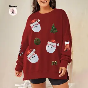 Women’s Christmas Sweatshirts Sequin Santa Graphic Long Sleeve Crew Neck Pullovers Oversized Tops