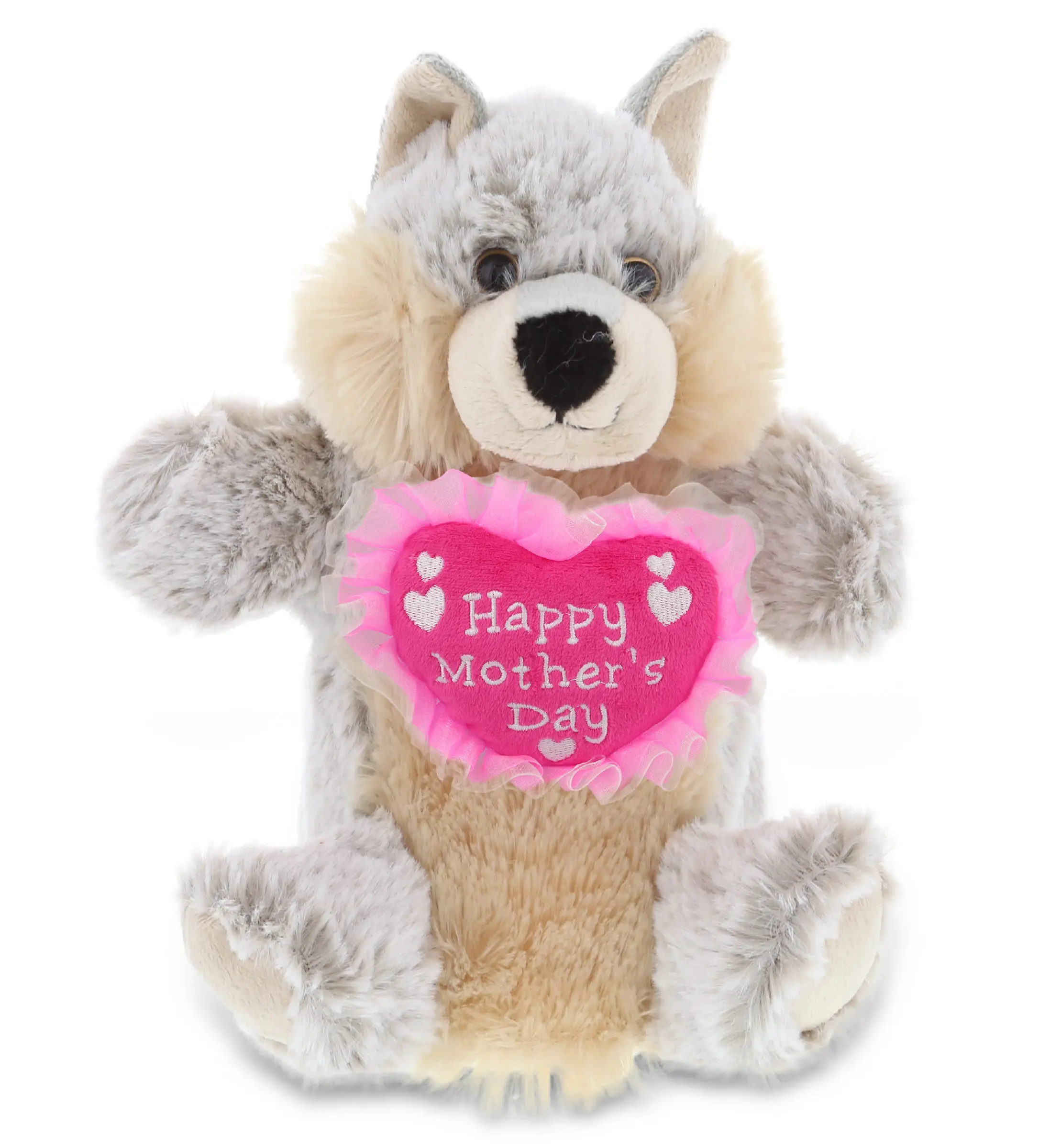 DOLLIBU Polyester Wolf Stuffed Hand Puppet - Super Soft Plush Figure, Embroidered Heart, 9x7x4in, Unisex Animals & Nature Toy, Ideal Mother’s Sentimental Message Gift for Mother's Day, 9 X 7 X 4 Inches, Ideal Mother's Day Gift