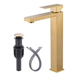 WOWOW Brushed Gold Contemporary Square Tall Stainless Steel Faucet – Single-Handle Single-Hole Vessel Sink Tap with Faucet Aerator, Popup Drain, Hoses, Supply Lines for Bathroom Lavatory Vanity Mixer