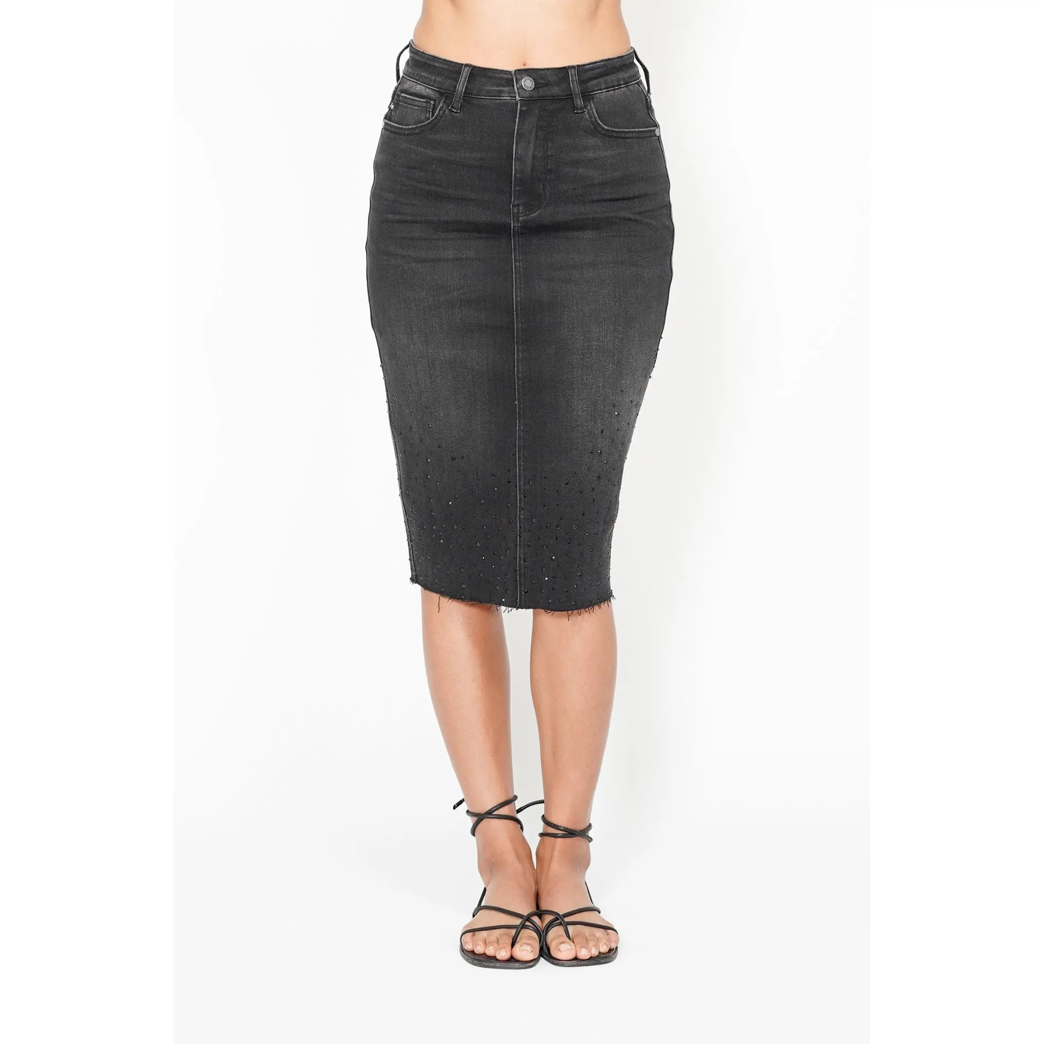 Judy Blue Women's High Waist Midi Skirt, Fitted Rhinestone Embellished Black Denim with Soft Comfort Stretch for Casual or Dressy Occasions, Spandex, Fabric, Piece, Breathable, Bottom, Day, Comfortable, Cotton, Style, Bottoms, Rhinestones, Stretch Denim,,