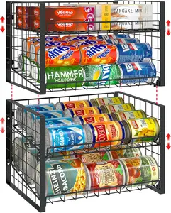 JKsmart 2-Tier Stackable Can Rack Organizer for Pantry, Adjustable Can Dispenser Holds Up to 60 Cans, Can Storage Holder for Various Ounces of Canned Food Soda Drinks, Black, 2 Pack