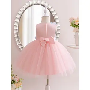 1pc Baby Elegant Colorful Floral Print Sleeveless Net Dress, Polyester Rayon Blend, Knee-Length, Round Neck, Geometric Pattern, Formal Occasion/Birthday Party/Photography Dress for Girls 12 Months+