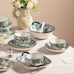 8 pcs ceramic tableware, including cereal bowl, salad bowl, square plate, round plate, green rose pattern, Bohemian Style, suitable for kitchen, dining room, stylish and versatile, Ceramic Dinnerware Set