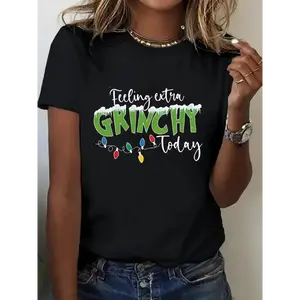 [100% Cotton] Women'S Plus Size Graphic T-Shirt - . Seuss Inspired Christmas Design With "Feeling Grinchy Today" & Heart Print, Comfortable Medium Stretch Crew Neck Short Sleeve Casual Top,  Relaxed Fit For Casual Attir Golf Gift T-Shirt For Men And Women