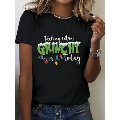 [100% Cotton] Women'S Plus Size Graphic T-Shirt - . Seuss Inspired Christmas Design With "Feeling Grinchy Today" & Heart Print, Comfortable Medium Stretch Crew Neck Short Sleeve Casual Top,  Relaxed Fit For Casual Attir Golf Gift T-Shirt For Men And Women