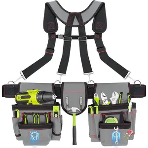 Tool Belts for Men with  Function, Large Capacity Carpenter Electrician Tool Belt with Suspenders for Men, Electrician Tool Pouch Bag with Adjustable  Size, Grey and Red