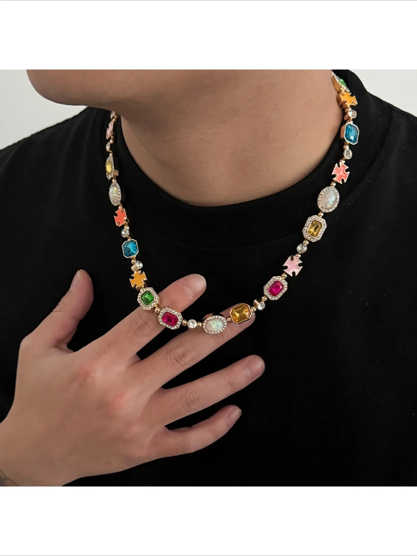 2026 Trending Multicolor Puzzle Necklace  Gold Gemstone Statement Choker for Men & Women  Y2K Hip Hop Jewelry for Streetwear, Festival & Casual Outfits Chunky Charm Necklace Chunky Chain Necklace