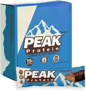 PEAK PROTEIN BARS - Almond Butter Amaretti - Natural - Grass-Fed Whey - 19G Protein - Non-GMO - Gluten Free - Organic Milk Chocolate (12 Bars)