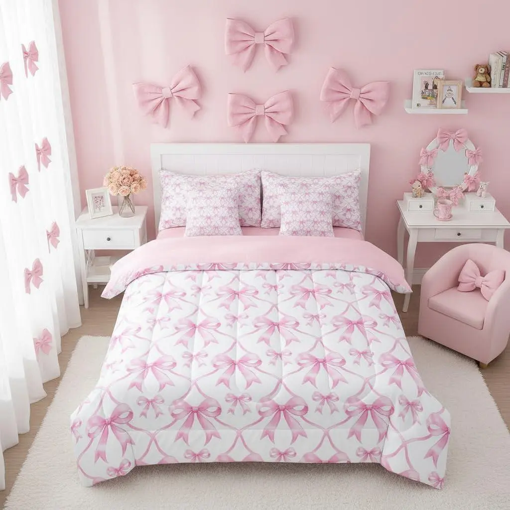 Feelyou 7-Piece Microfibre Pink Bowknot Bed Comforter Set - Rose Pattern, Ribbon Bow Sheets, Soft Breathable Blanket, Breathable Cover, Multi-Size In-Bag Bedding for Girls' Aesthetic Room Decor