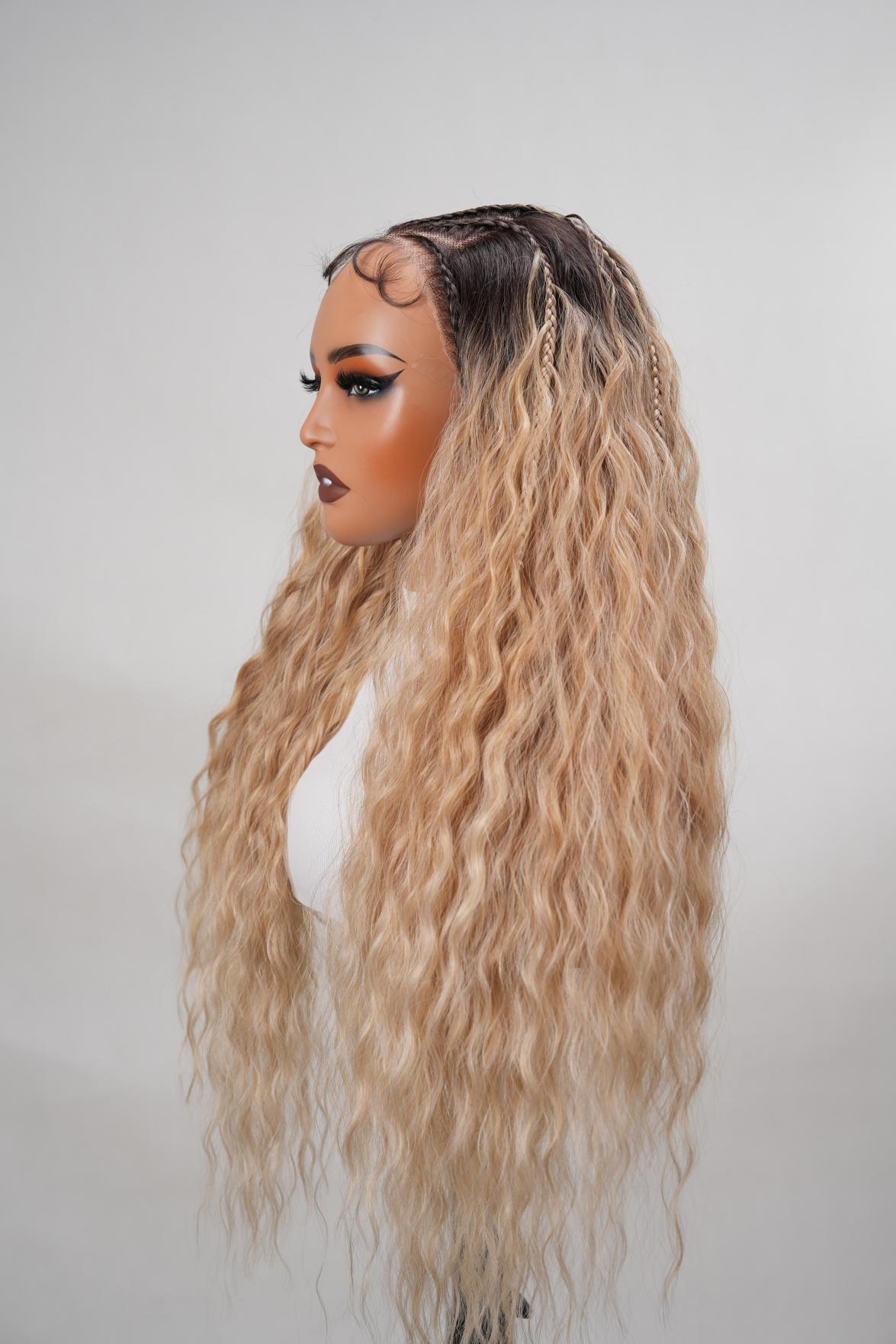 NOBLE 25 Inch Brown-gold gradient braided wavy curls with lace detailing for long waves
