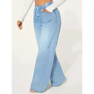 High-waisted fashionable drawstring loose wide-leg light blue jeans women's clothing GARMENTARY